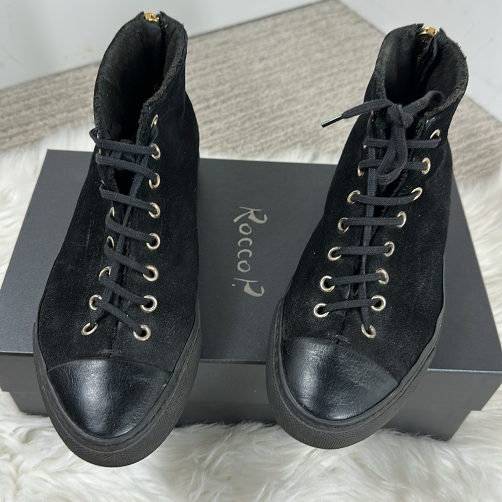 Rocco P. Women's Black High-Top Suede Lace up Shoes with Zipper in Back 37/ 6.5